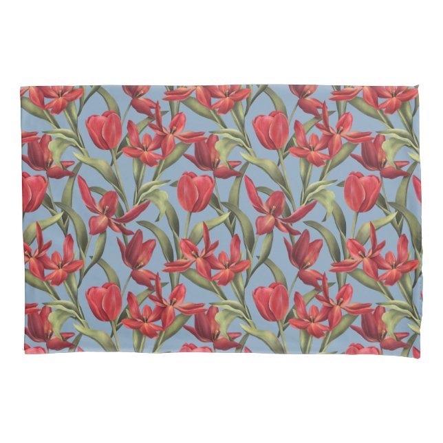 Glacier Lake background with Red Tulips Pillow Cas Pillowcase (Front)