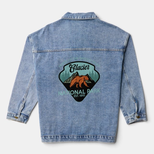 Glacier National Park Grizzly Bear Hiking Vacation Denim Jacket (Back)