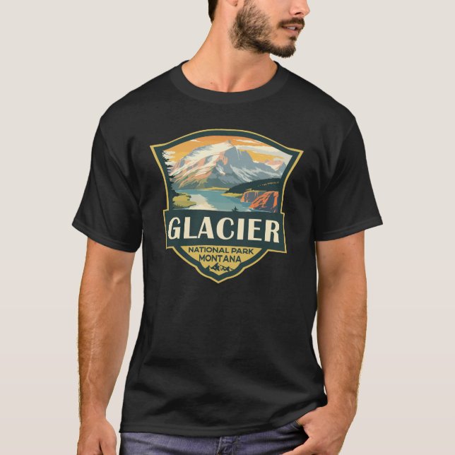 Glacier National Park Illustration Travel Vintage T-Shirt (Front)