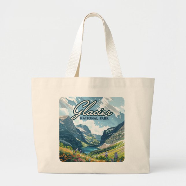 Glacier National Park Montana Lake Retro Large Tote Bag (Front)