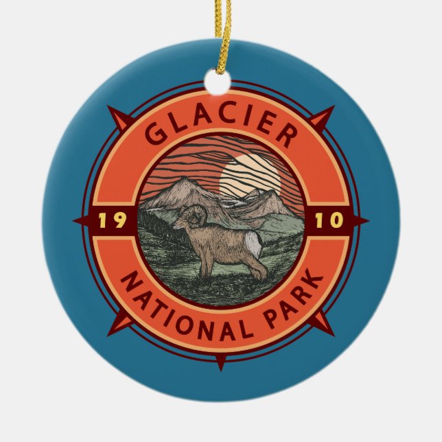 Glacier National Park Retro Bighorn Sheep Compass Ceramic Tree Decoration (Front)