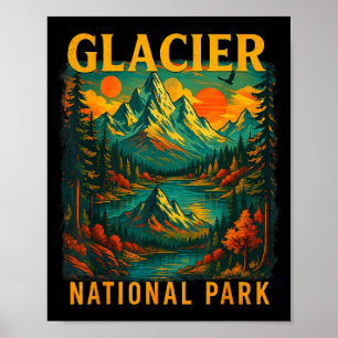 Glacier national park retro mountain travel poster