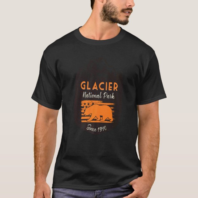 Glacier National Park US Flag Grizzly Bear Mountai T-Shirt (Front)