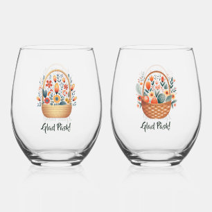 Glad Påsk! Scandinavian Flower Baskets Stemless Wine Glass