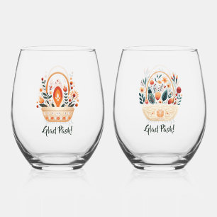Glad Påsk! Scandinavian Flower Baskets Stemless Wine Glass