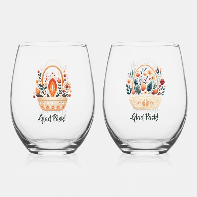 Glad Påsk! Scandinavian Flower Baskets Stemless Wine Glass (Back)