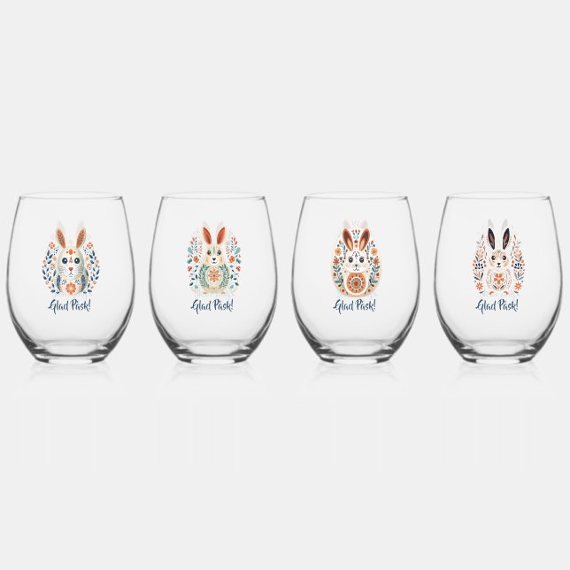 Glad Påsk! Scandinavian Rabbits  Stemless Wine Glass (Front)