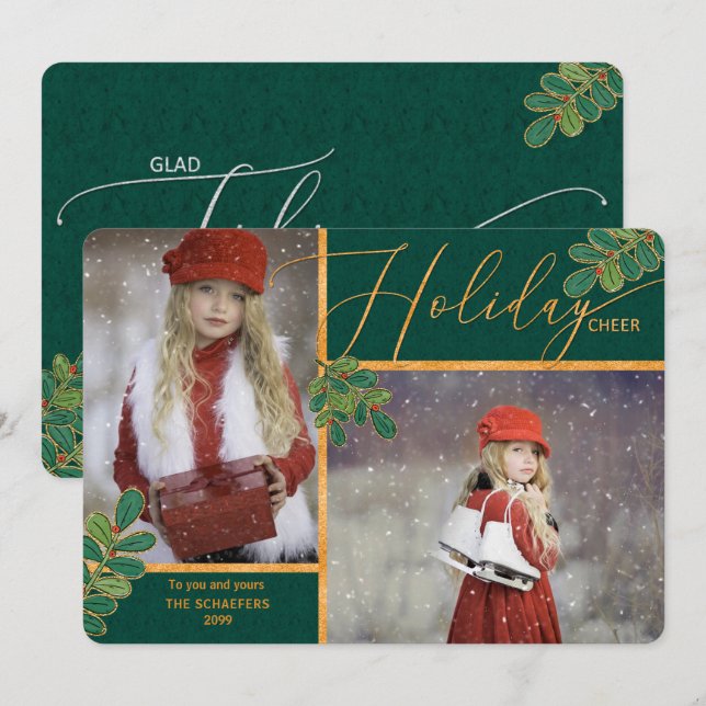 Glad Tidings Green and Gold Holly 2 Photo Holiday Card (Front/Back)