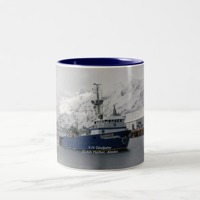 Gladiator, Fishing Trawler in Dutch Harbour, AK Two-Tone Coffee Mug (Center)