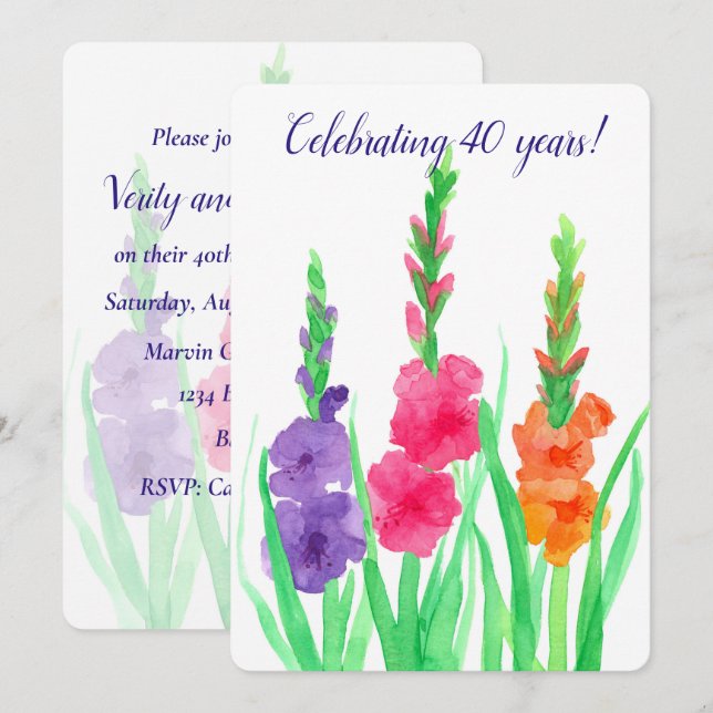 Gladiolus 40th Wedding Anniversary Invitation (Front/Back)