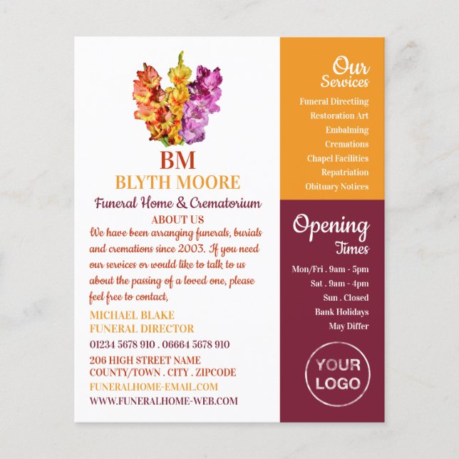 Gladiolus Flowers, Funeral Home, Directors Flyer (Front)