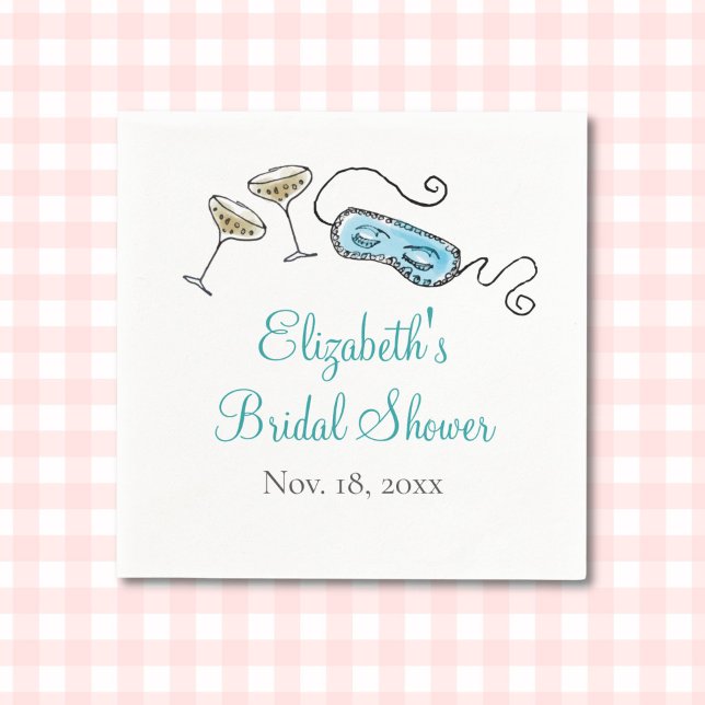 Glam 1960s Cocktail Party Hand-Illustrated Girly  Napkin (This hand-illustrated bridal shower napkin features champagne glasses and a sleep mask.)