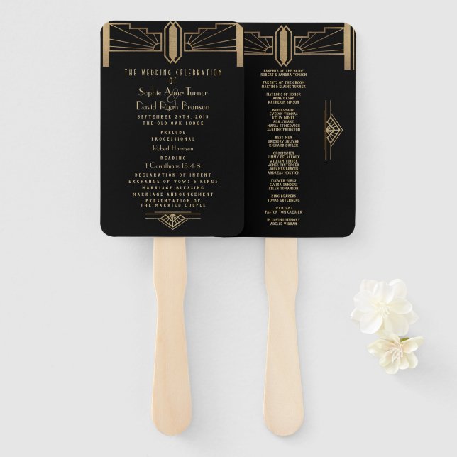 Glam 20's Great Gatsby Art Deco Wedding Program Hand Fan (Front and Back)