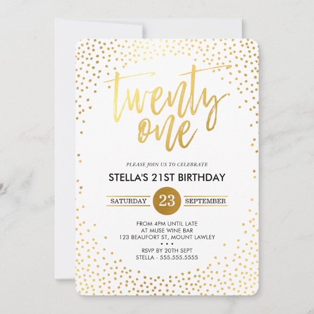 GLAM 21ST BIRTHDAY PARTY mini gold confetti black Invitation (Front)