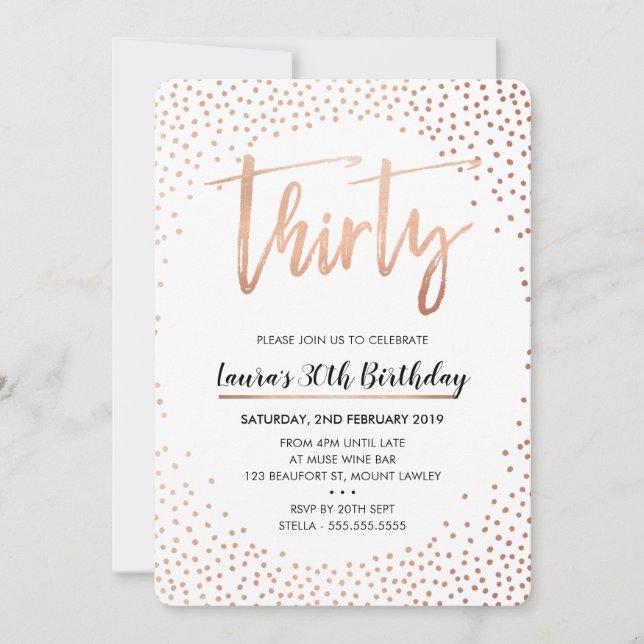 GLAM 30TH BIRTHDAY PARTY rose gold confetti invite (Front)