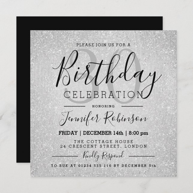 Glam 30th Birthday Silver Glitter Paint Invitation (Front/Back)