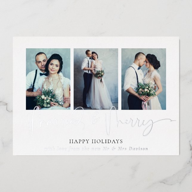 Glam 3 Photos Married Merry Christmas Luxury Real  Foil Holiday Card (Front)