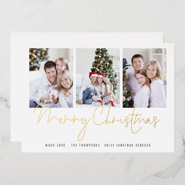 Glam 3 Photos Merry Christmas Real  Foil Holiday Card (Front/Back)