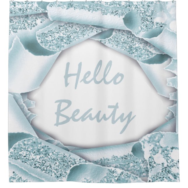 Glam 3D Custom  Smoky Blue Glitter  HELLO Beauty Shower Curtain (Front)