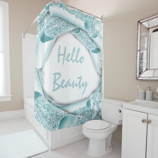 Glam 3D Frame Blue OCEAN  Aqua HELLO Girly Shower Curtain (In Situ)