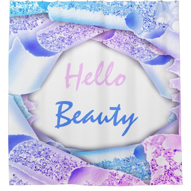 Glam 3D Frame Blue Pink Glitter  HELLO Girly Shower Curtain (Front)