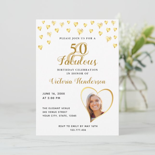 Glam 50 and Fabulous White and Gold Photo Birthday Invitation (Standing Front)