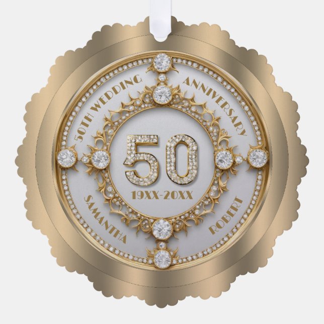 Glam 50 Anniversary white diamond set in gold Tree Decoration Card (Front)