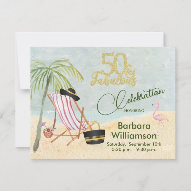 Glam 50 & Fabulous Beach Scene Party Invitation (Front)
