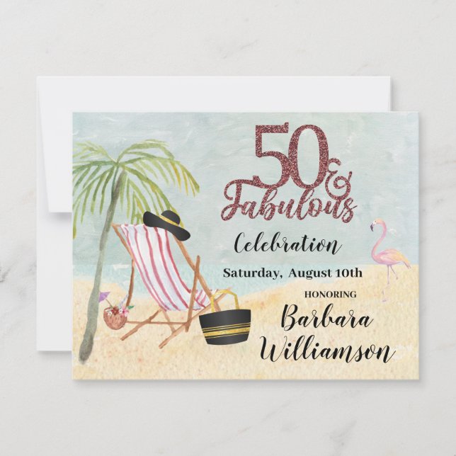 Glam 50 & Fabulous Beach Scene Party  Invitation (Front)