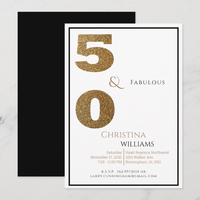 Glam 50 & Fabulous Black & Gold Birthday  Invitation (Front/Back)