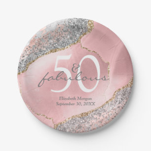 Glam 50 Fabulous Rose Gold Glitter Name Birthday Paper Plate