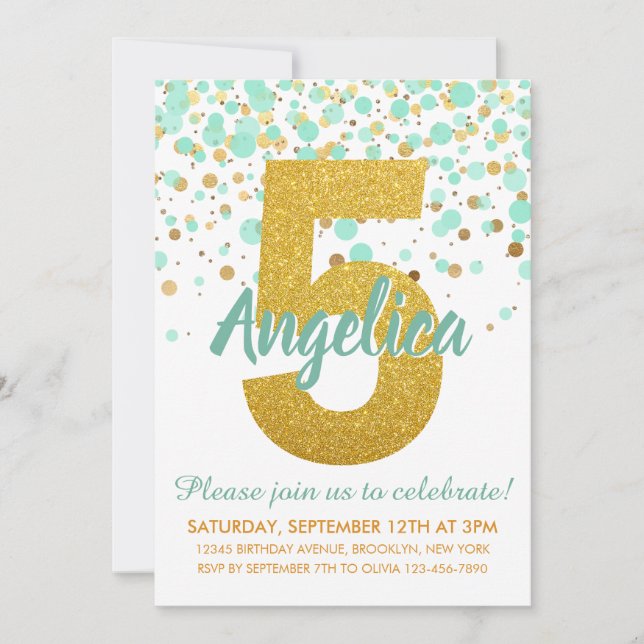 Glam 5th Birthday Mint Green Gold Glitter Confetti Invitation (Front)