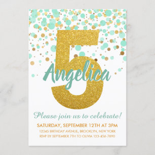 Glam 5th Birthday Mint Green Gold Glitter Confetti Invitation