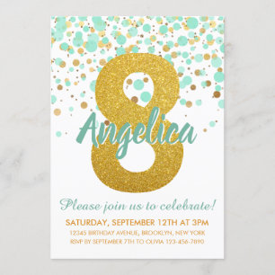 Glam 8th Birthday Mint Green Gold Glitter Confetti Invitation