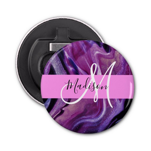 Glam Abstract Purple Shimmer Texture Pink Monogram Bottle Opener (Front)