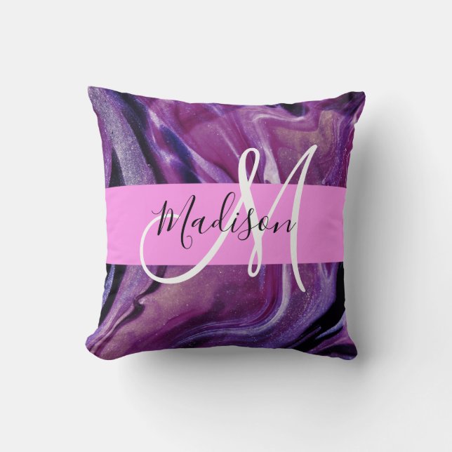 Glam Abstract Purple Shimmer Texture Pink Monogram Cushion (Front)