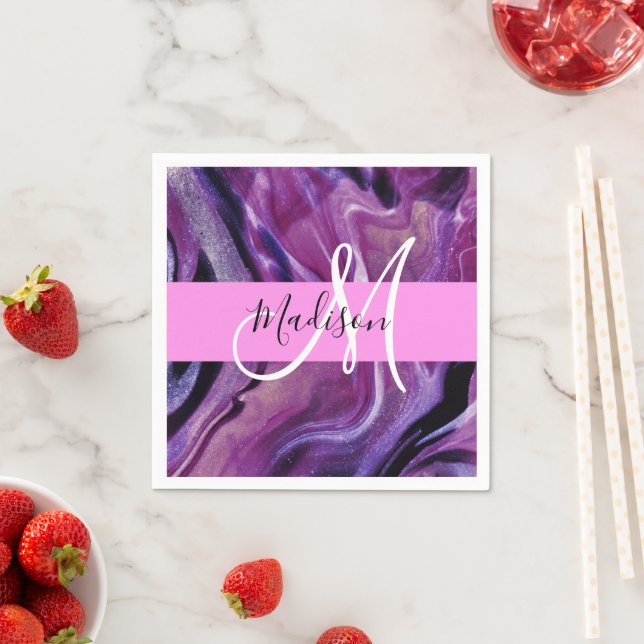 Glam Abstract Purple Shimmer Texture Pink Monogram Napkin (Insitu)