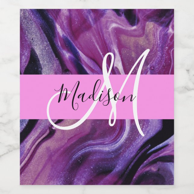 Glam Abstract Purple Shimmer Texture Pink Monogram Wine Label (Single Label)