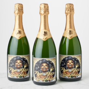 Glam African American Woman Birthday/NYE Sparkling Wine Label
