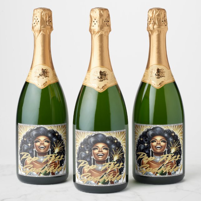 Glam African American Woman Birthday/NYE Sparkling Wine Label (Bottles)