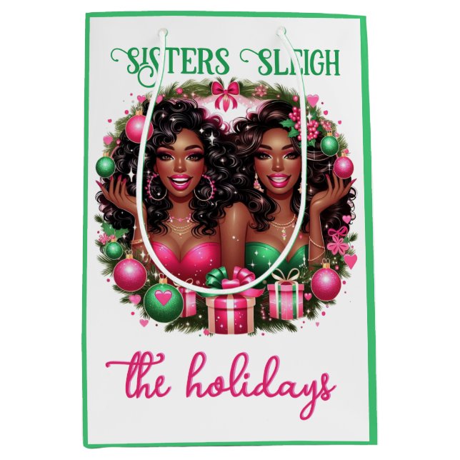 Glam African American Women Christmas Pink/Green Medium Gift Bag (Front)