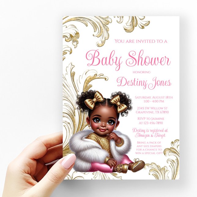Glam Afro Baby Girl Pink Gold Baby Shower Invitation (Creator Uploaded)