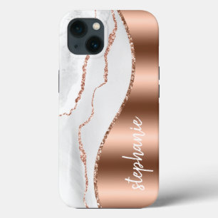 Glam Agate Geode Metallic Rose Gold White Name iPhone 13 Case