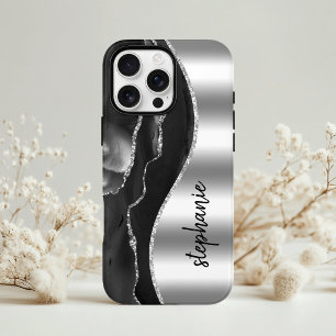 Glam Agate Geode Metallic Silver Black Name iPhone 13 Case