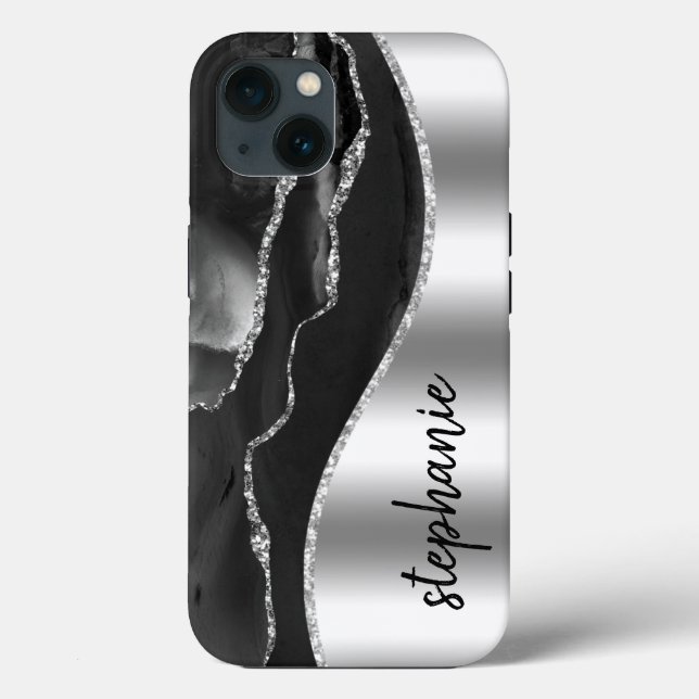 Glam Agate Geode Metallic Silver Black Name Case-Mate iPhone Case (Back)