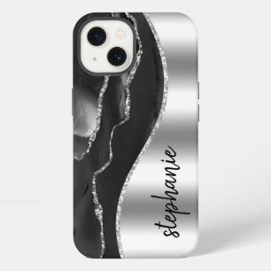 Glam Agate Geode Metallic Silver Black Name iPhone 13 Case