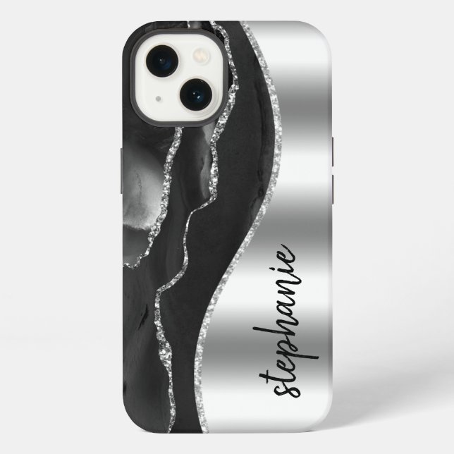 Glam Agate Geode Metallic Silver Black Name iPhone Case (Back)