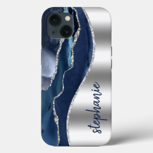 Glam Agate Geode Metallic Silver Blue Name iPhone 13 Case