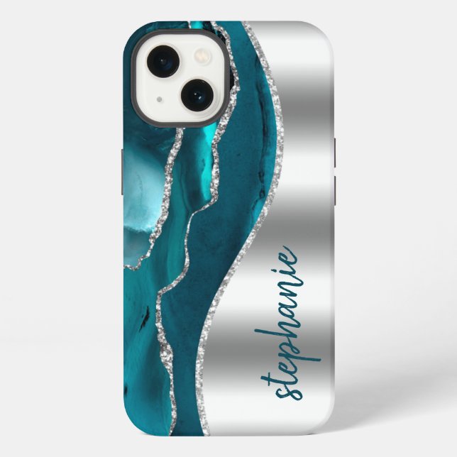 Glam Agate Geode Metallic Silver Teal Name iPhone Case (Back)