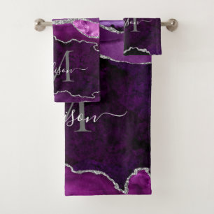 Glam Agate Geode Purple Silver Monogram Script Bath Towel Set